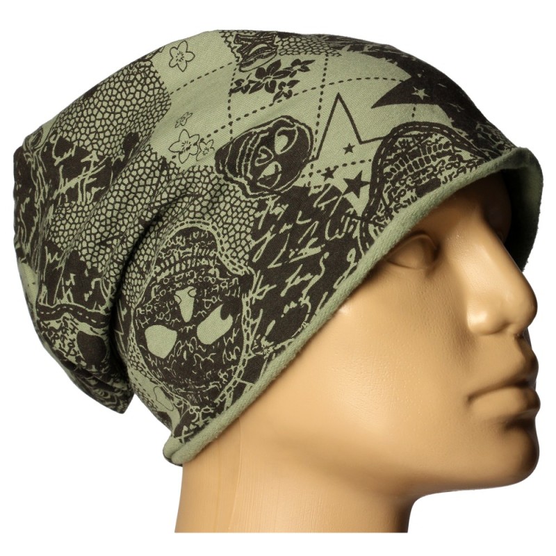Czapka damska Beanie włoska cienka smerfetka zielona w czarne wzory