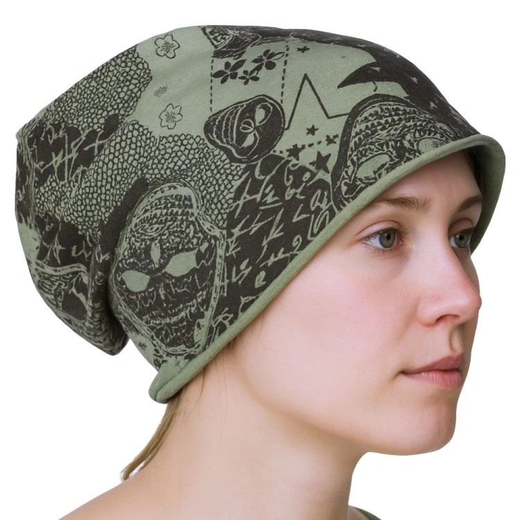 Czapka damska Beanie włoska cienka smerfetka zielona w czarne wzory