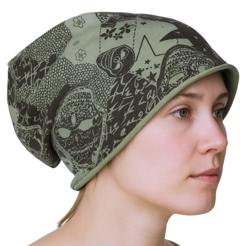 Czapka damska Beanie włoska cienka smerfetka zielona w czarne wzory