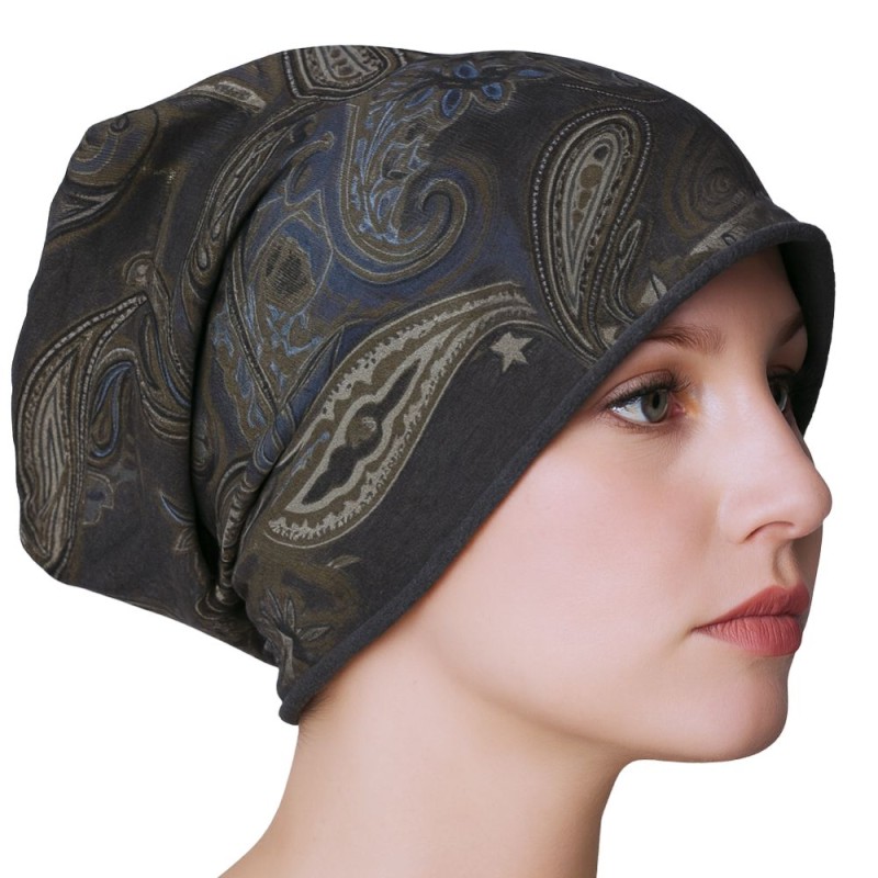 Czapka damska Beanie włoska cienka smerfetka ciemnoszara we wzory