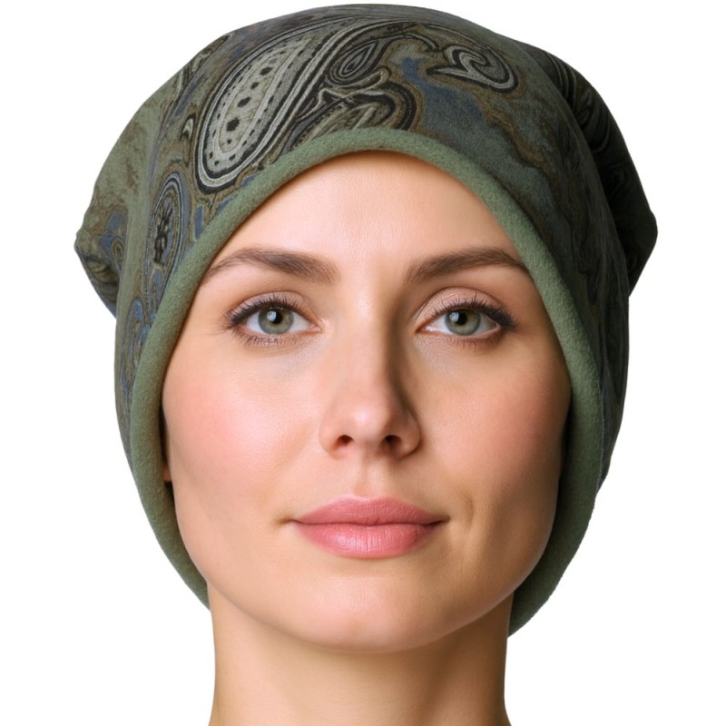 Czapka damska Beanie włoska cienka smerfetka ciemnozielona we wzory