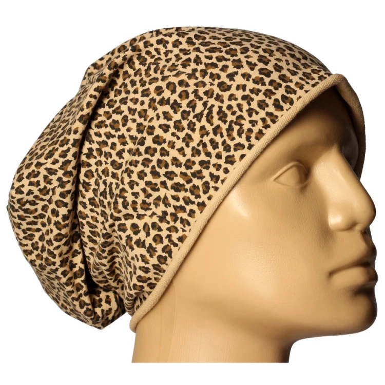 Czapka damska Beanie włoska cienka smerfetka ciemnobeżowa w panterkę