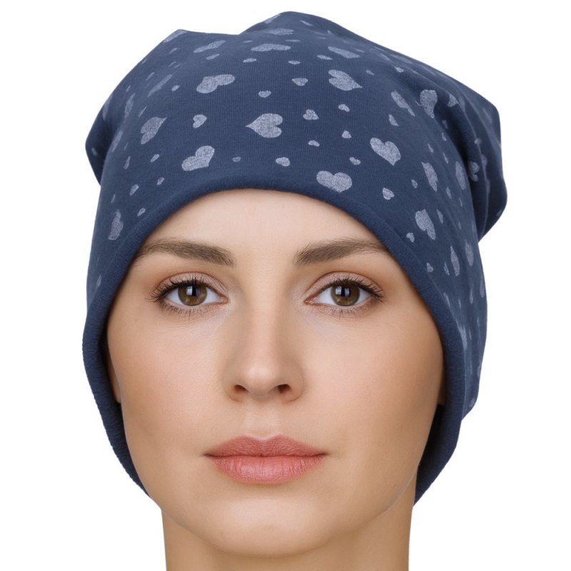 Czapka damska Beanie włoska cienka smerfetka granatowa serduszka