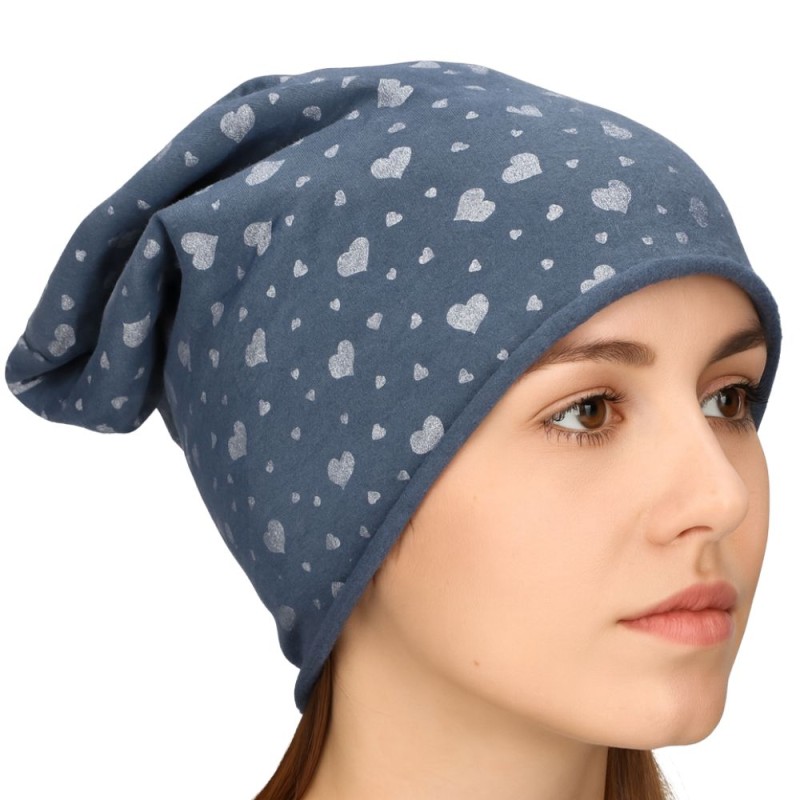 Czapka damska Beanie włoska cienka smerfetka granatowa serduszka