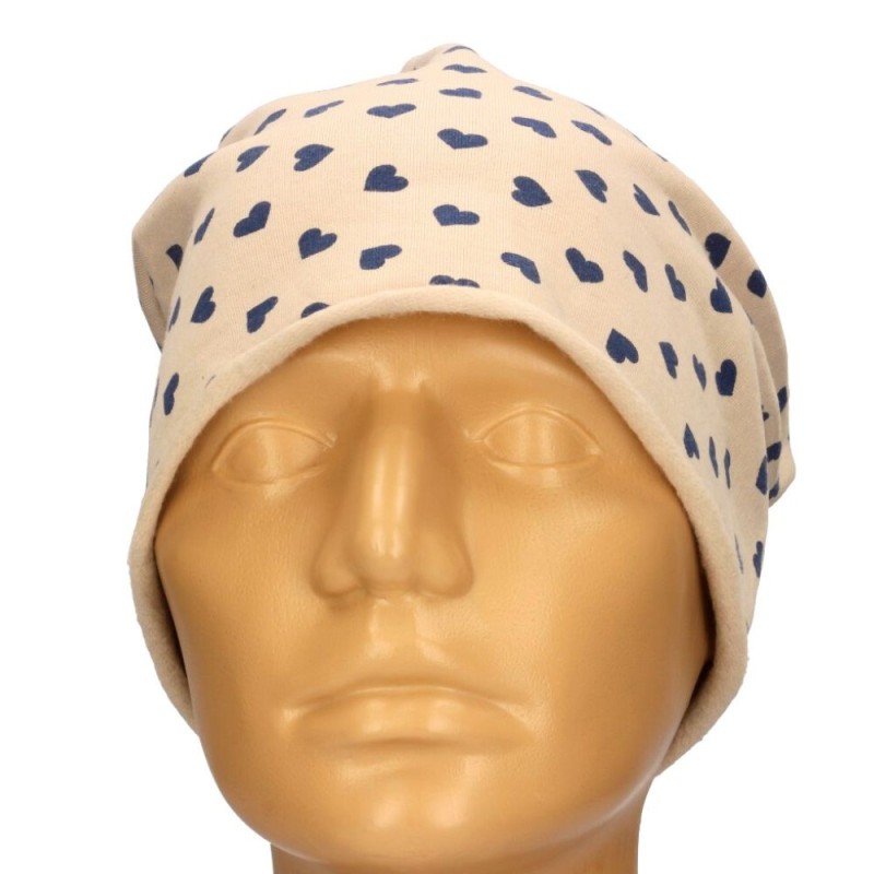 Czapka damska Beanie włoska cienka smerfetka jasnobeżowa serduszka