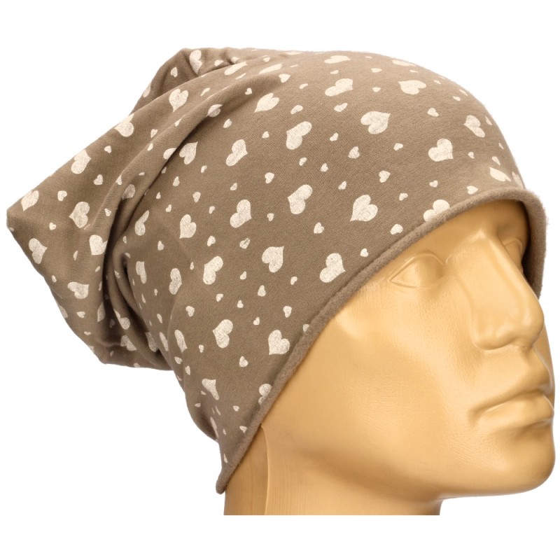 Czapka damska Beanie włoska cienka smerfetka ciemnobeżowa serduszka