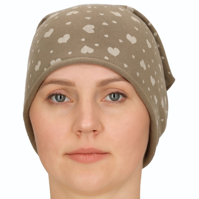 Czapka damska Beanie włoska cienka smerfetka ciemnobeżowa serduszka