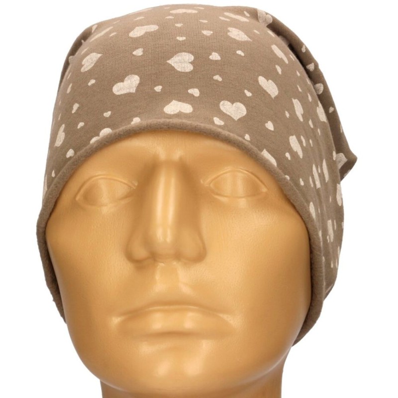 Czapka damska Beanie włoska cienka smerfetka ciemnobeżowa serduszka