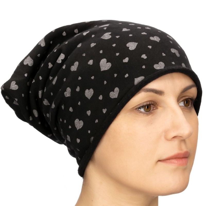 Czapka damska Beanie włoska cienka smerfetka czarna serduszka