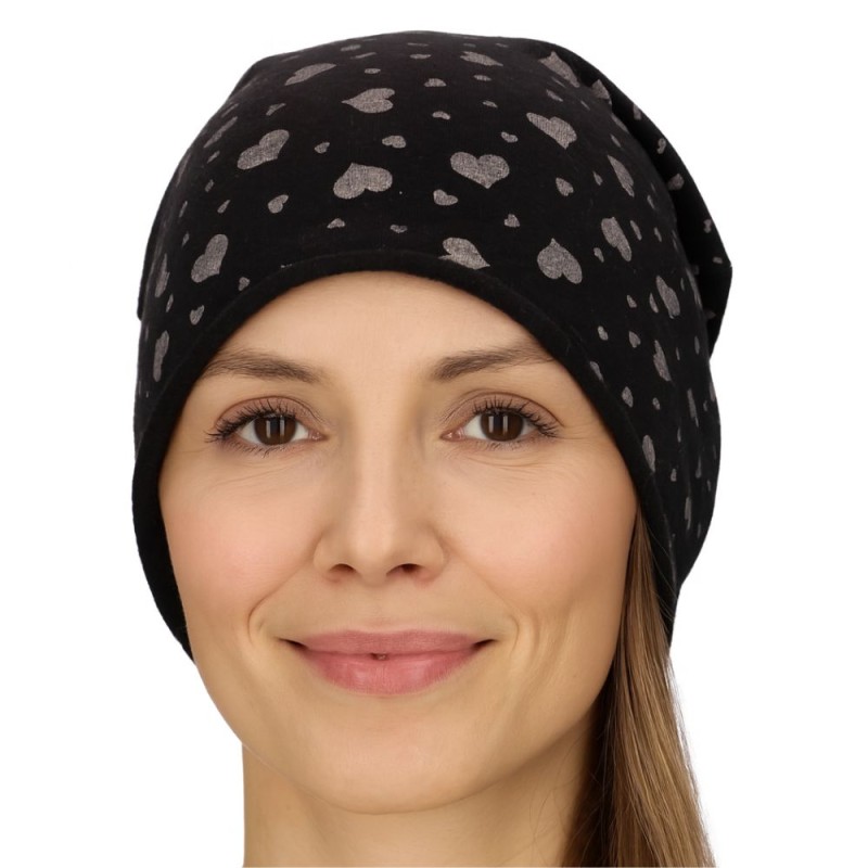 Czapka damska Beanie włoska cienka smerfetka czarna serduszka