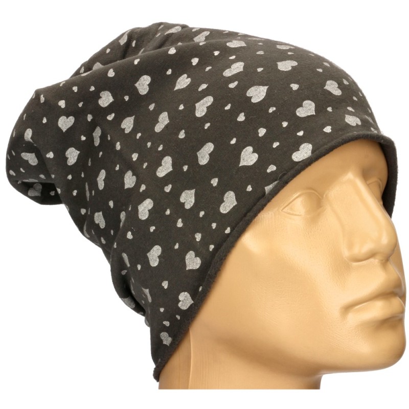 Czapka damska Beanie włoska cienka smerfetka ciemnoszara serduszka
