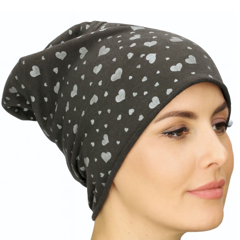 Czapka damska Beanie włoska cienka smerfetka ciemnoszara serduszka