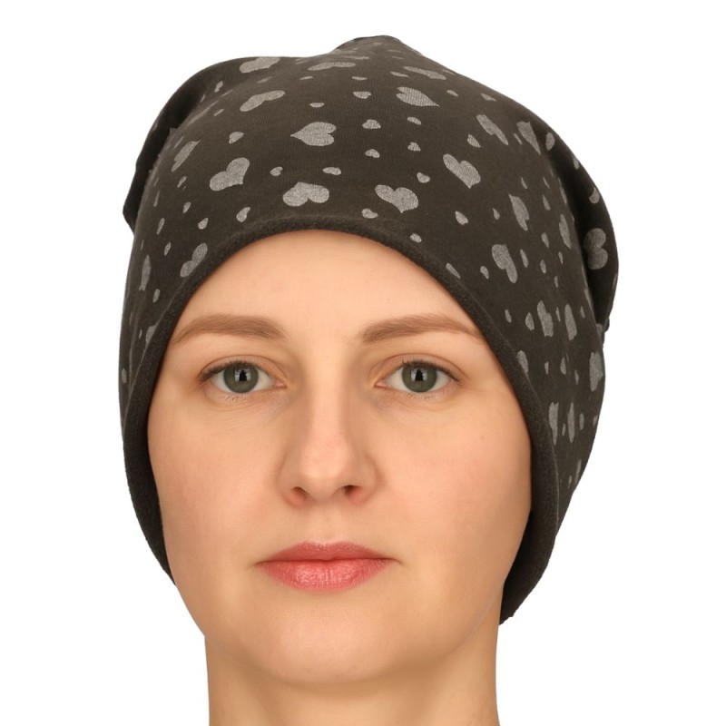 Czapka damska Beanie włoska cienka smerfetka ciemnoszara serduszka