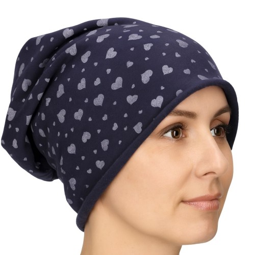Czapka damska Beanie włoska cienka smerfetka ciemnogranatowa serduszka