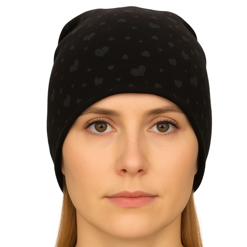 Czapka damska Beanie włoska cienka smerfetka czarna w szare serduszka