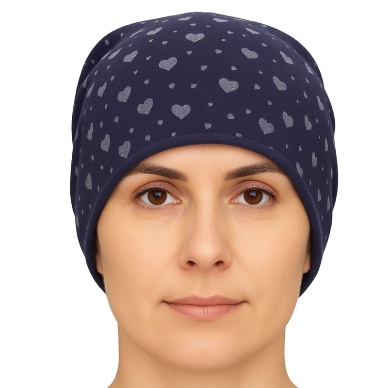 Czapka damska Beanie włoska cienka smerfetka ciemnogranatowa serduszka
