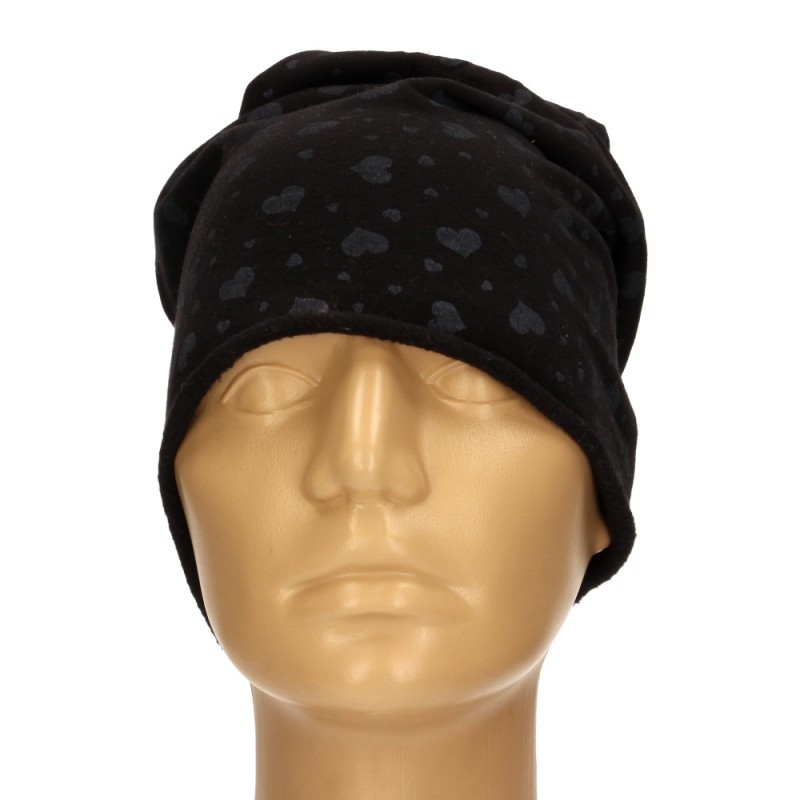 Czapka damska Beanie włoska cienka smerfetka czarna w szare serduszka