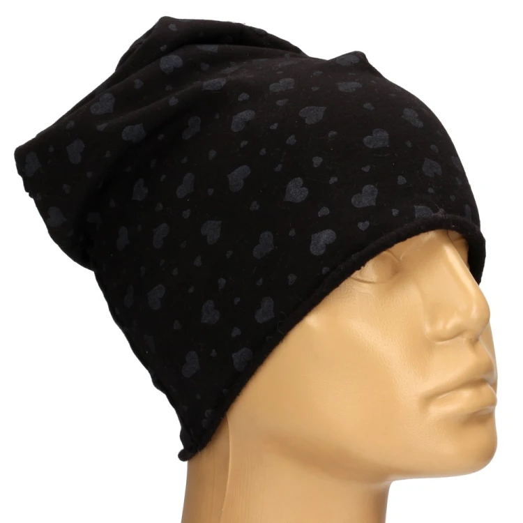 Czapka damska Beanie włoska cienka smerfetka czarna w szare serduszka