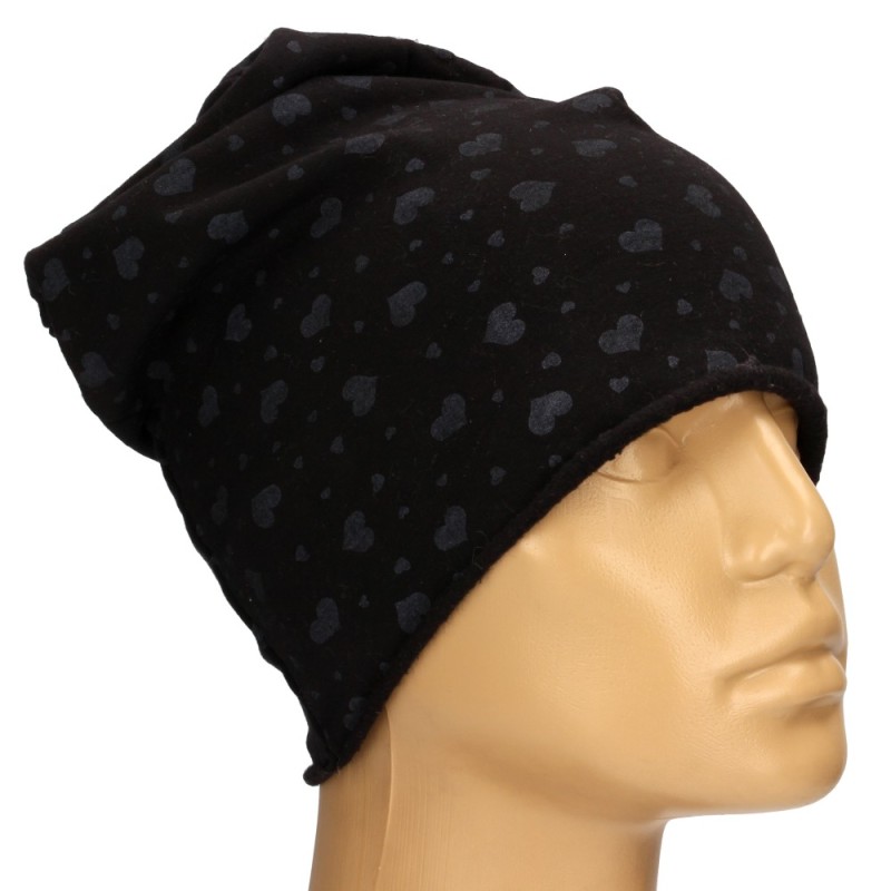 Czapka damska Beanie włoska cienka smerfetka czarna w szare serduszka