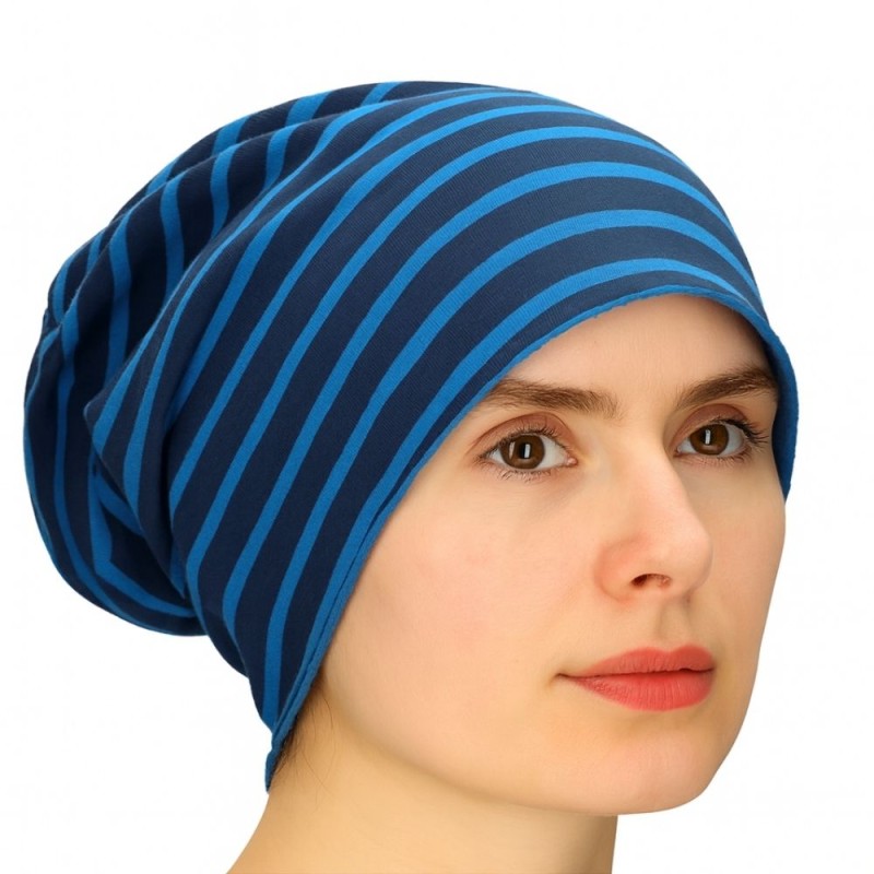 Czapka damska Beanie włoska cienka smerfetka granatowa w niebieskie paski