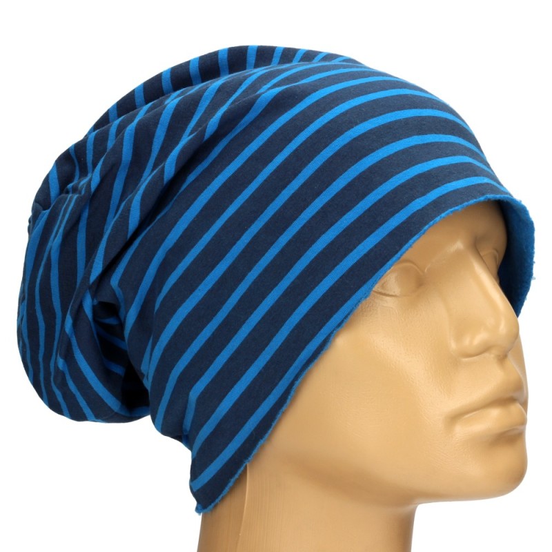 Czapka damska Beanie włoska cienka smerfetka granatowa w niebieskie paski
