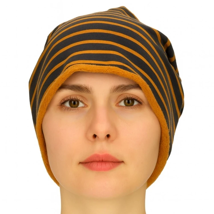 Czapka damska Beanie włoska cienka smerfetka granatowa w musztardowe paski