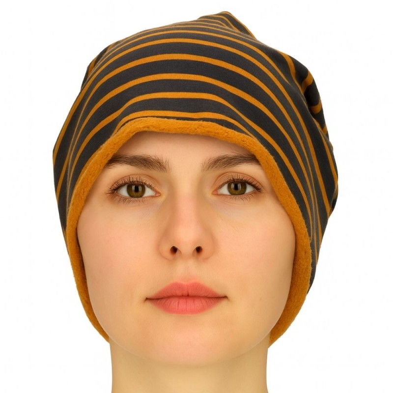 Czapka damska Beanie włoska cienka smerfetka granatowa w musztardowe paski