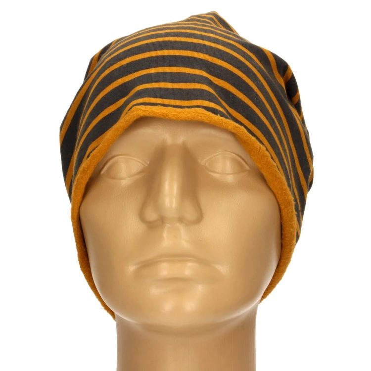 Czapka damska Beanie włoska cienka smerfetka granatowa w musztardowe paski