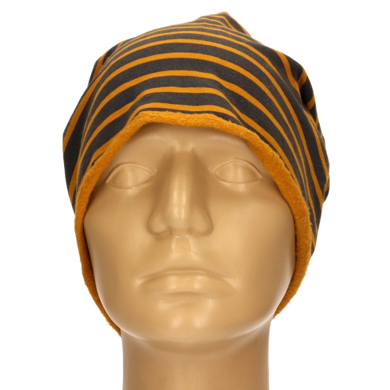 Czapka damska Beanie włoska cienka smerfetka granatowa w musztardowe paski