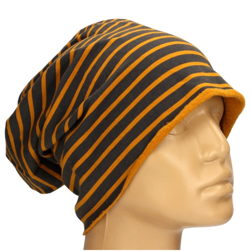 Czapka damska Beanie włoska cienka smerfetka granatowa w musztardowe paski