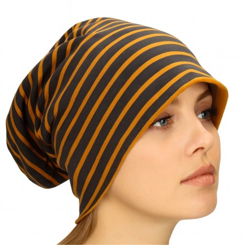 Czapka damska Beanie włoska cienka smerfetka granatowa w musztardowe paski