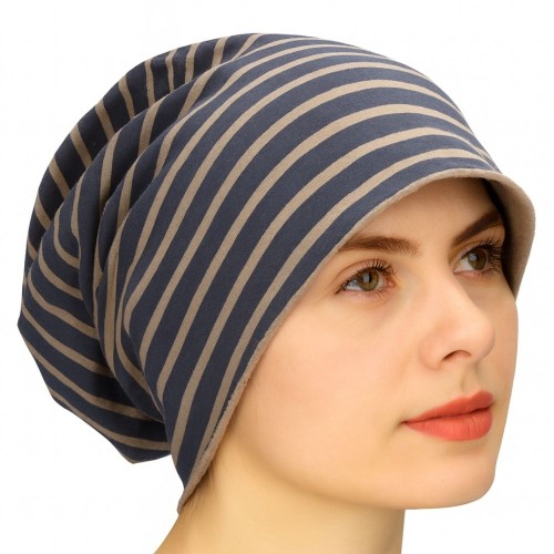 Czapka damska Beanie włoska cienka smerfetka granatowa w beżowe paski
