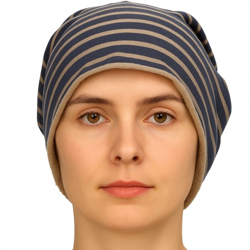 Czapka damska Beanie włoska cienka smerfetka granatowa w beżowe paski