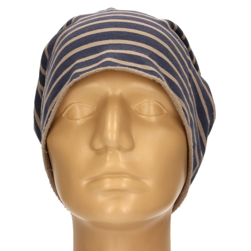 Czapka damska Beanie włoska cienka smerfetka granatowa w beżowe paski