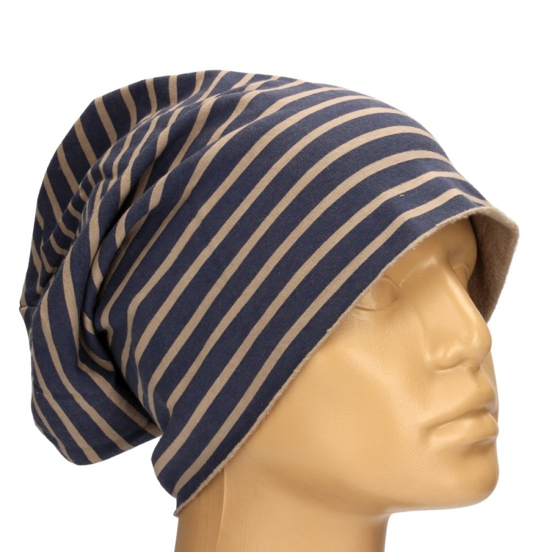 Czapka damska Beanie włoska cienka smerfetka granatowa w beżowe paski