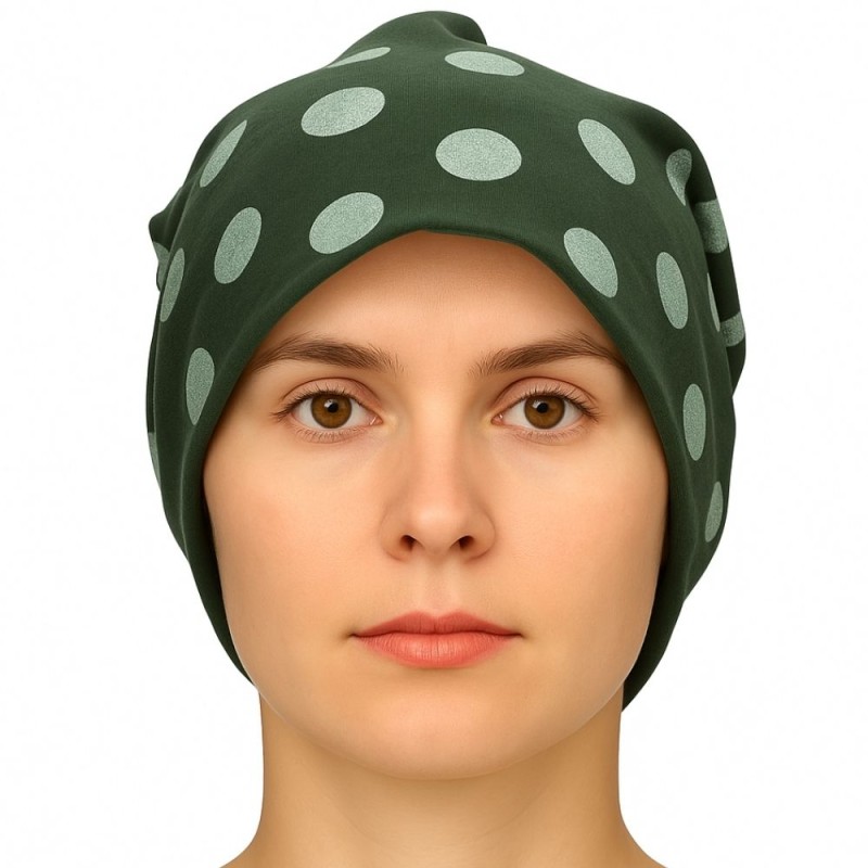 Czapka damska Beanie włoska cienka smerfetka ciemnozielona w kropki