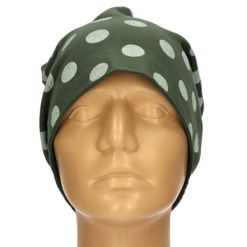 Czapka damska Beanie włoska cienka smerfetka ciemnozielona w kropki
