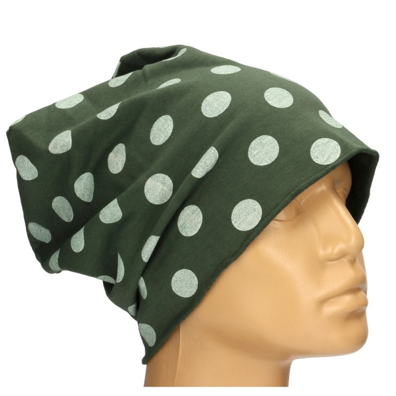 Czapka damska Beanie włoska cienka smerfetka ciemnozielona w kropki
