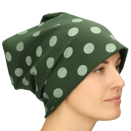 Czapka damska Beanie włoska cienka smerfetka ciemnozielona w kropki