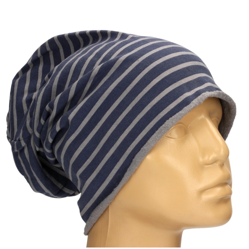 Czapka damska Beanie włoska cienka smerfetka granatowa w szare paski