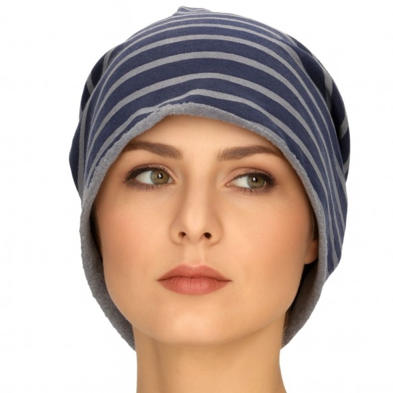 Czapka damska Beanie włoska cienka smerfetka granatowa w szare paski