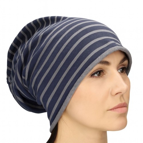 Czapka damska Beanie włoska cienka smerfetka granatowa w szare paski