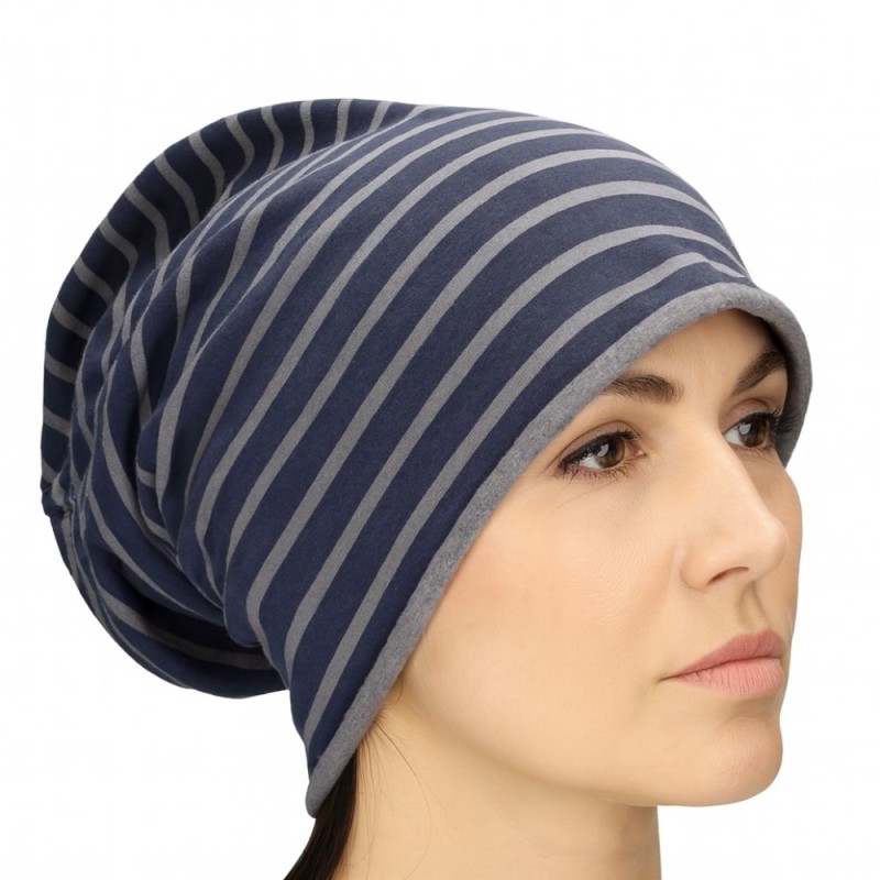 Czapka damska Beanie włoska cienka smerfetka granatowa w szare paski