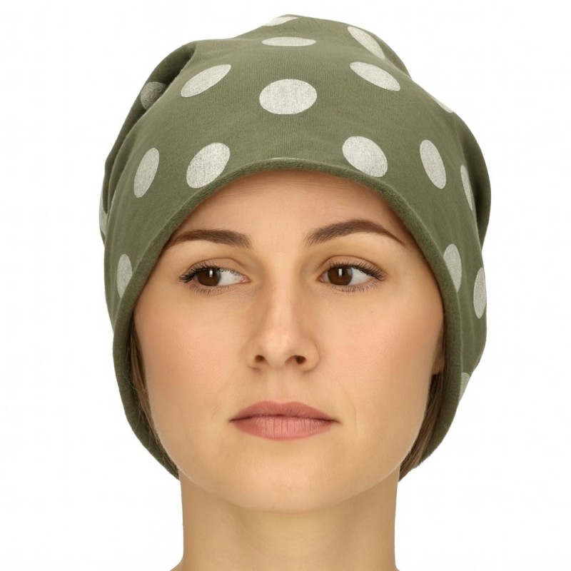 Czapka damska Beanie włoska cienka smerfetka khaki w kropki