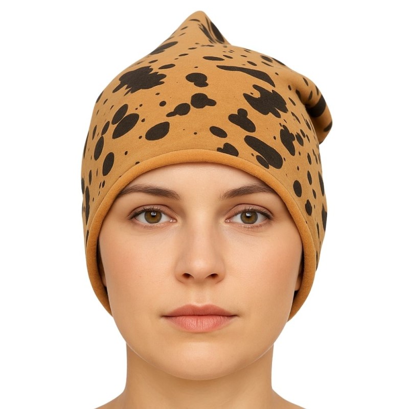 Czapka damska Beanie włoska cienka smerfetka ciemnobeżowa gepard