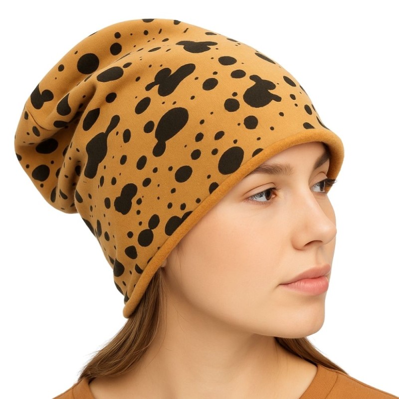 Czapka damska Beanie włoska cienka smerfetka ciemnobeżowa gepard