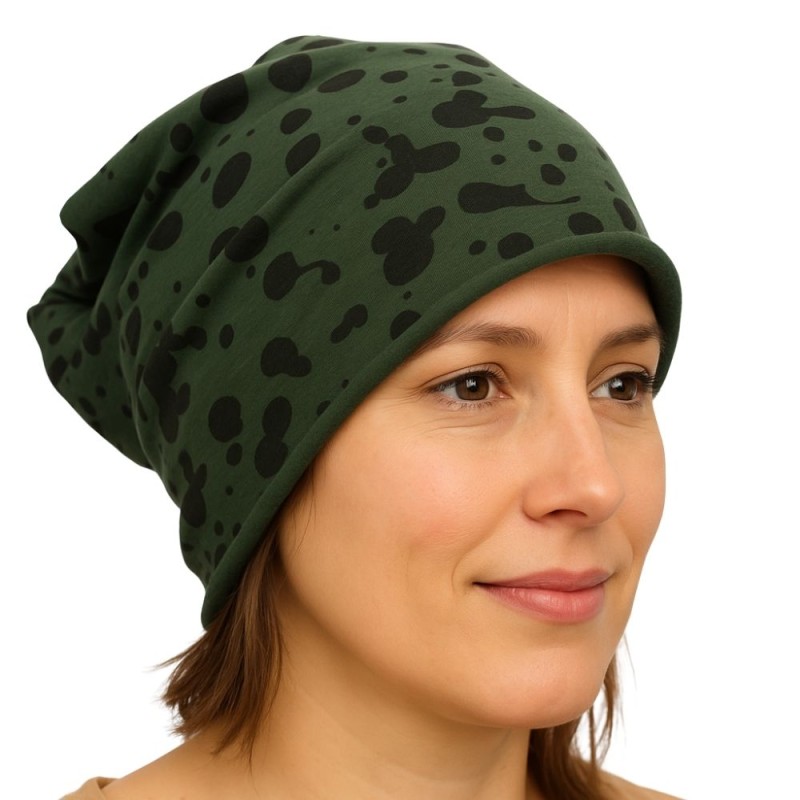 Czapka damska Beanie włoska cienka smerfetka ciemnozielona gepard