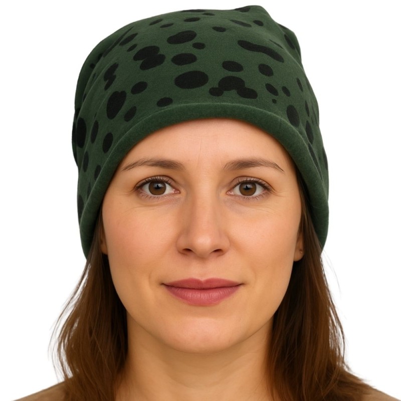 Czapka damska Beanie włoska cienka smerfetka ciemnozielona gepard