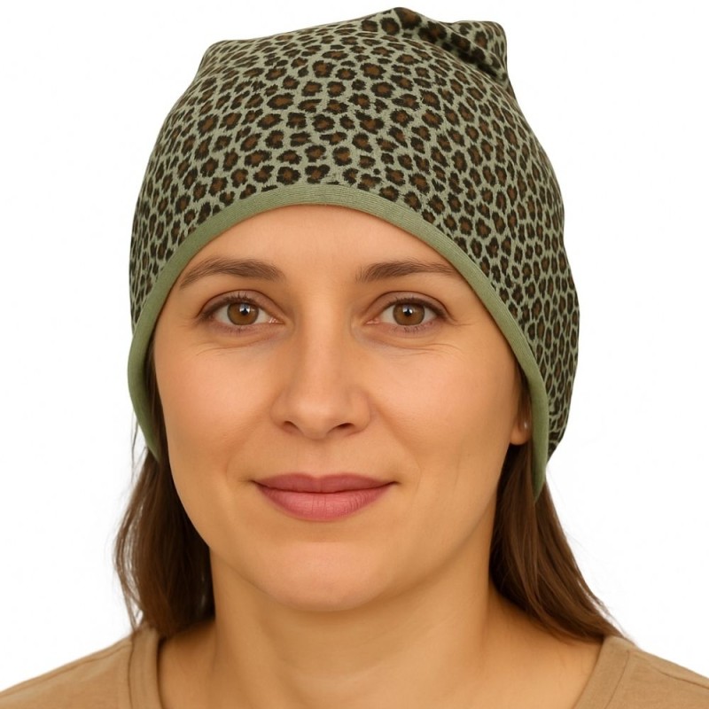 Czapka damska Beanie włoska cienka smerfetka zielona w panterkę