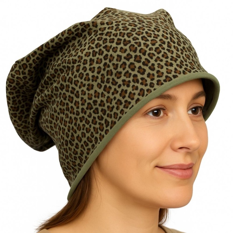 Czapka damska Beanie włoska cienka smerfetka zielona w panterkę